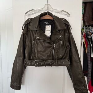 Zara Women's Dark Charcoal Belted Leather Jacket